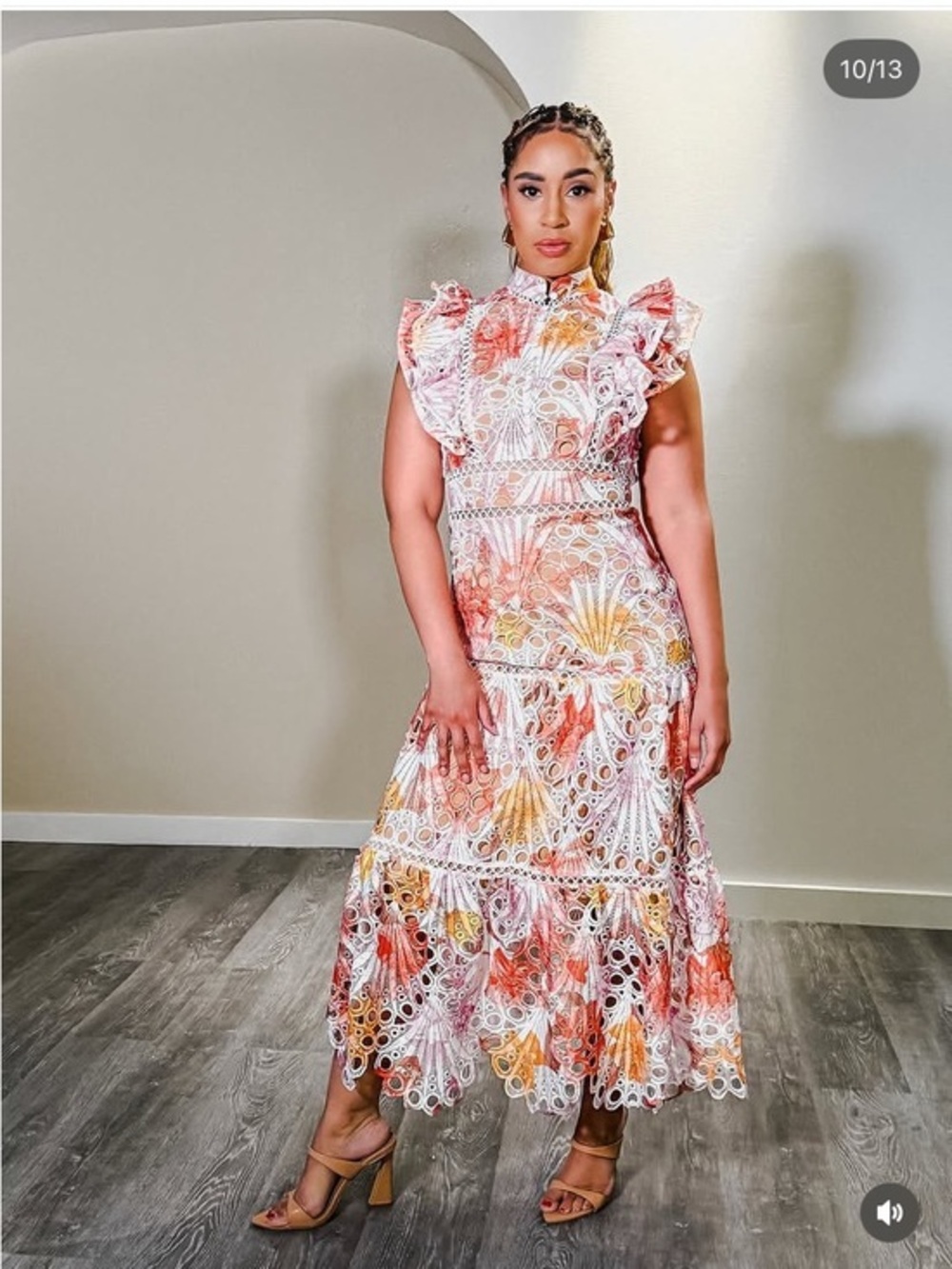 Embroidery Lace Midi Dress with Orange pink & Yellow Floral Accents